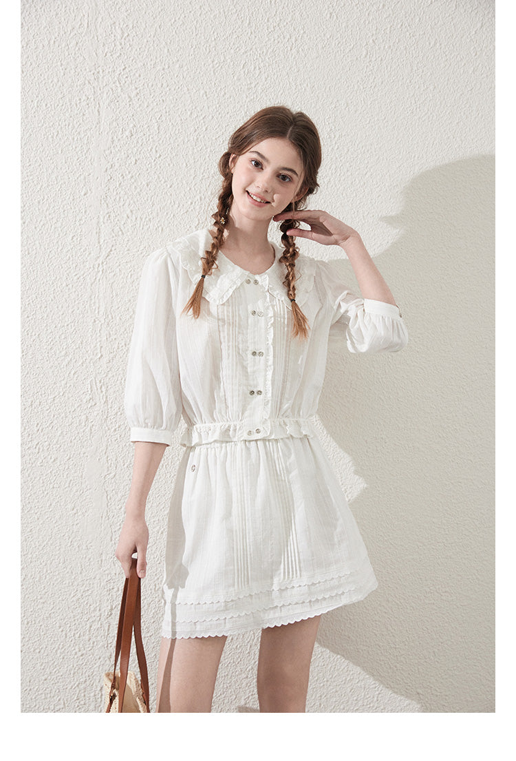 Doll-Collar Pintuck Blouse And Scallop Hem Skirt