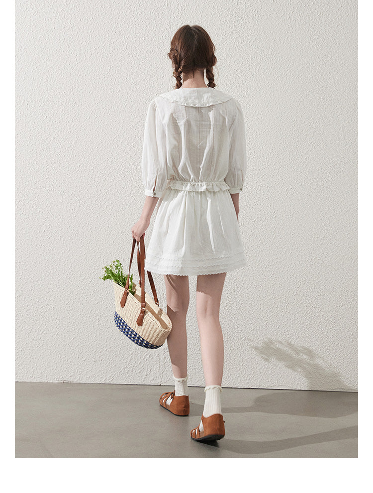 Doll-Collar Pintuck Blouse And Scallop Hem Skirt