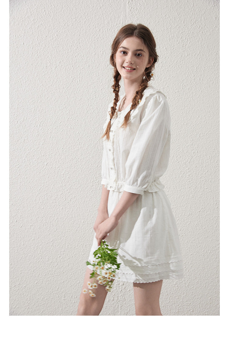 Doll-Collar Pintuck Blouse And Scallop Hem Skirt