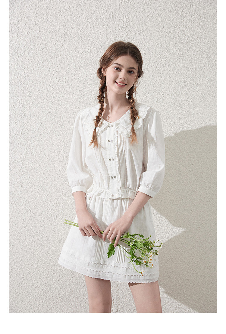 Doll-Collar Pintuck Blouse And Scallop Hem Skirt
