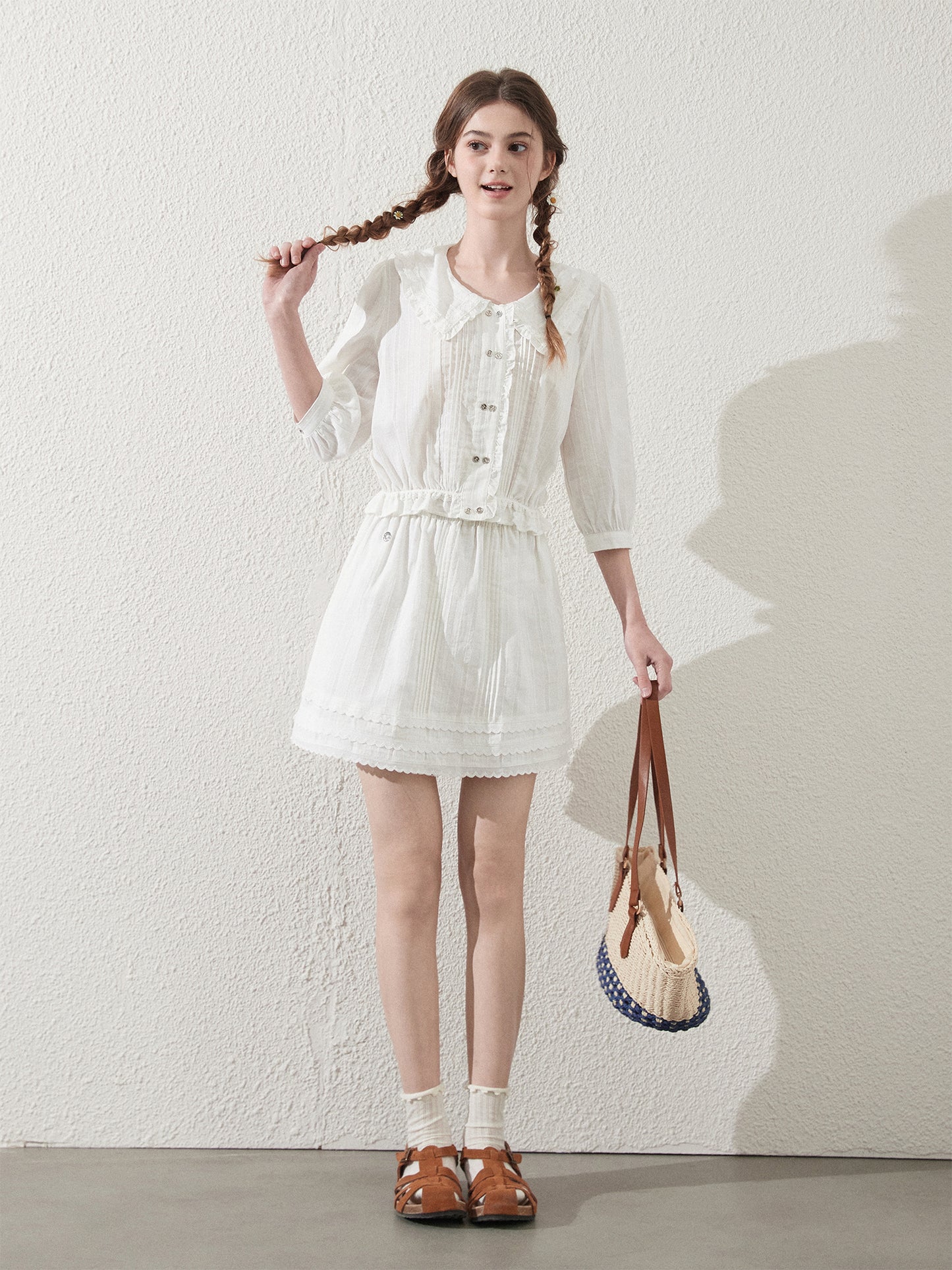 Doll-Collar Pintuck Blouse And Scallop Hem Skirt