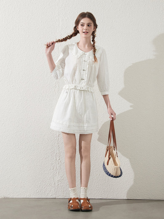 Doll-Collar Pintuck Blouse And Scallop Hem Skirt