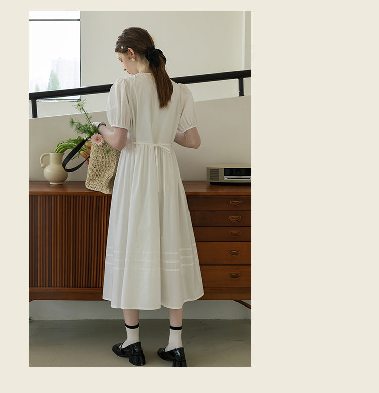 Puff-Sleeve Dress With Scalloped Lace Placket
