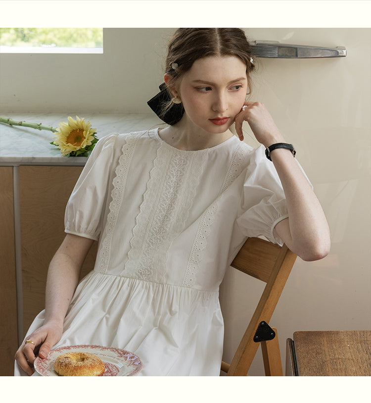Puff-Sleeve Dress With Scalloped Lace Placket