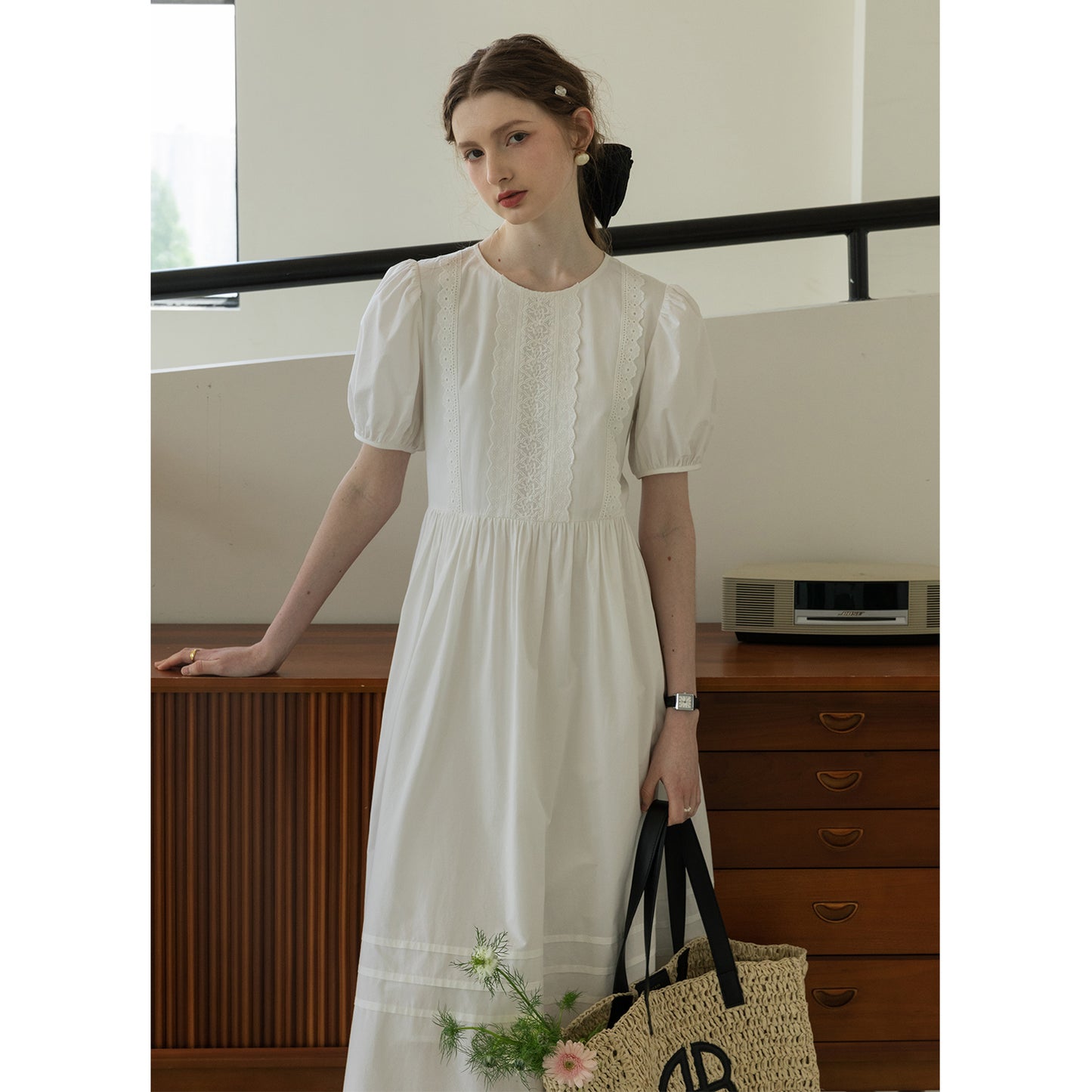 Puff-Sleeve Dress With Scalloped Lace Placket