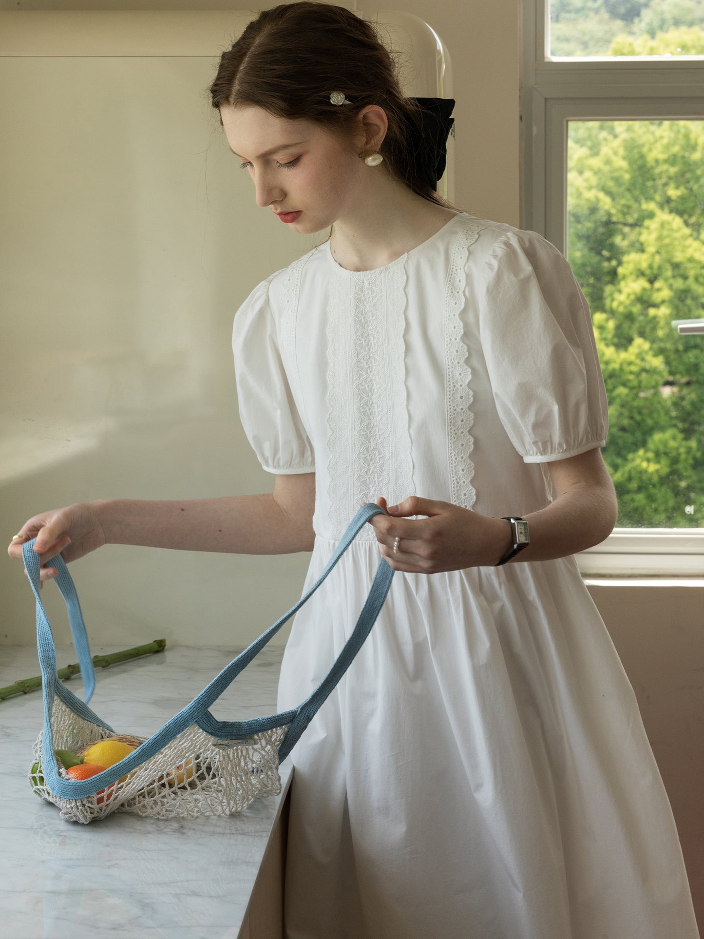 Puff-Sleeve Dress With Scalloped Lace Placket