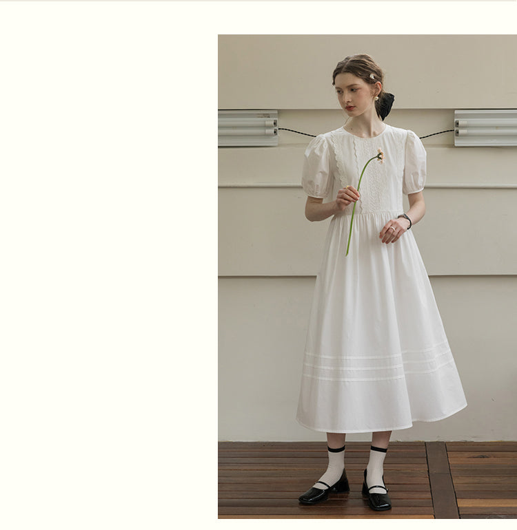 Puff-Sleeve Dress With Scalloped Lace Placket