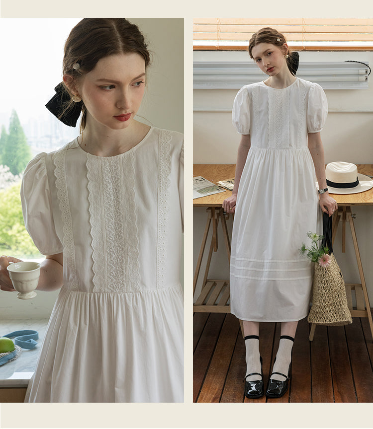 Puff-Sleeve Dress With Scalloped Lace Placket