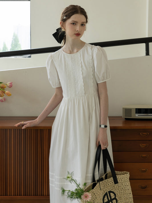 Puff-Sleeve Dress With Scalloped Lace Placket