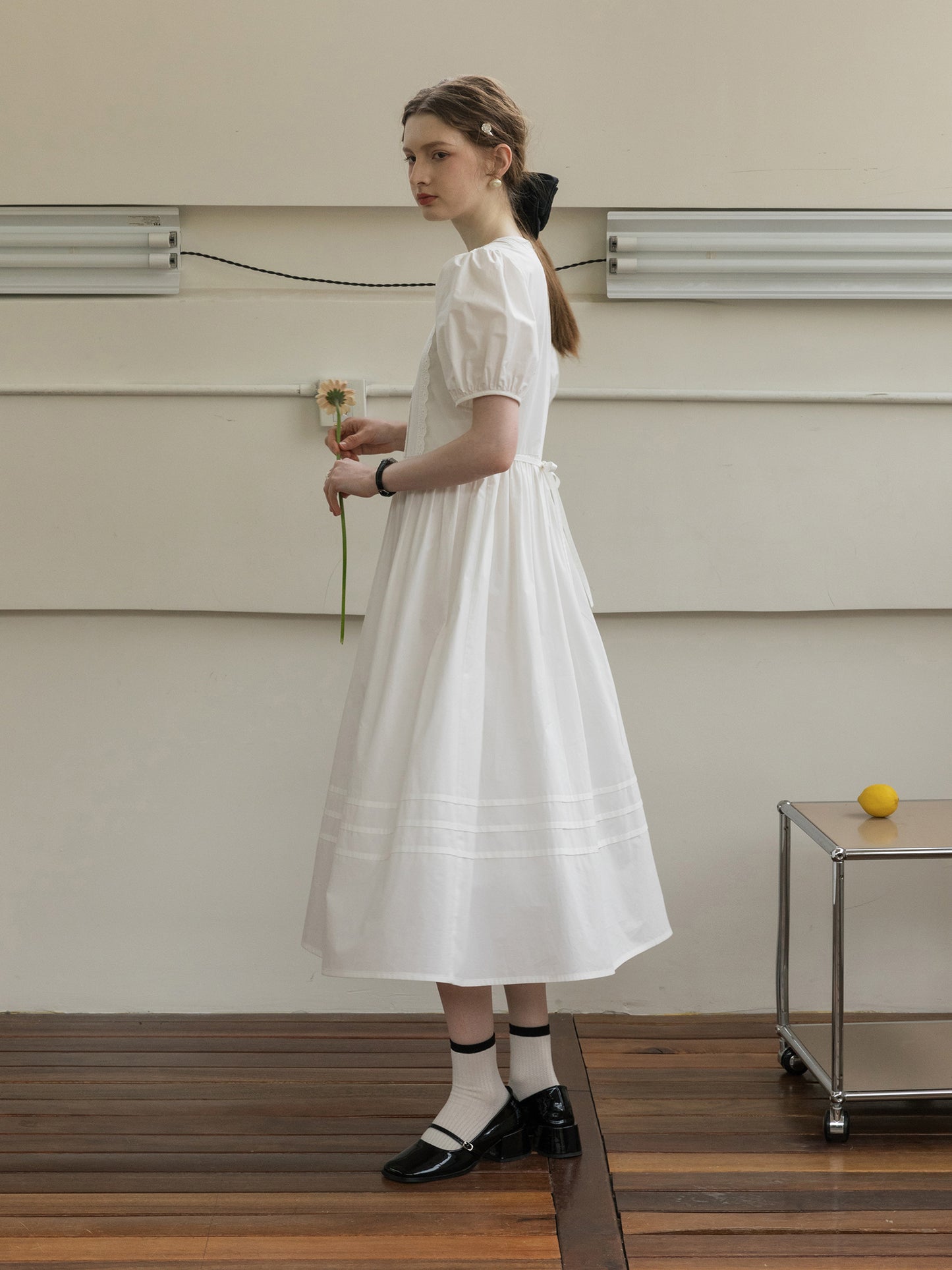 Puff-Sleeve Dress With Scalloped Lace Placket