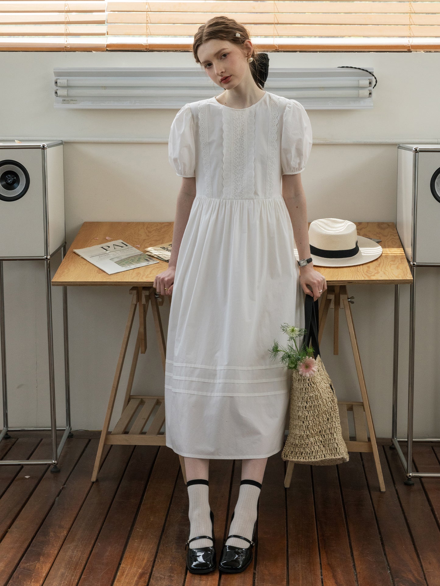 Puff-Sleeve Dress With Scalloped Lace Placket