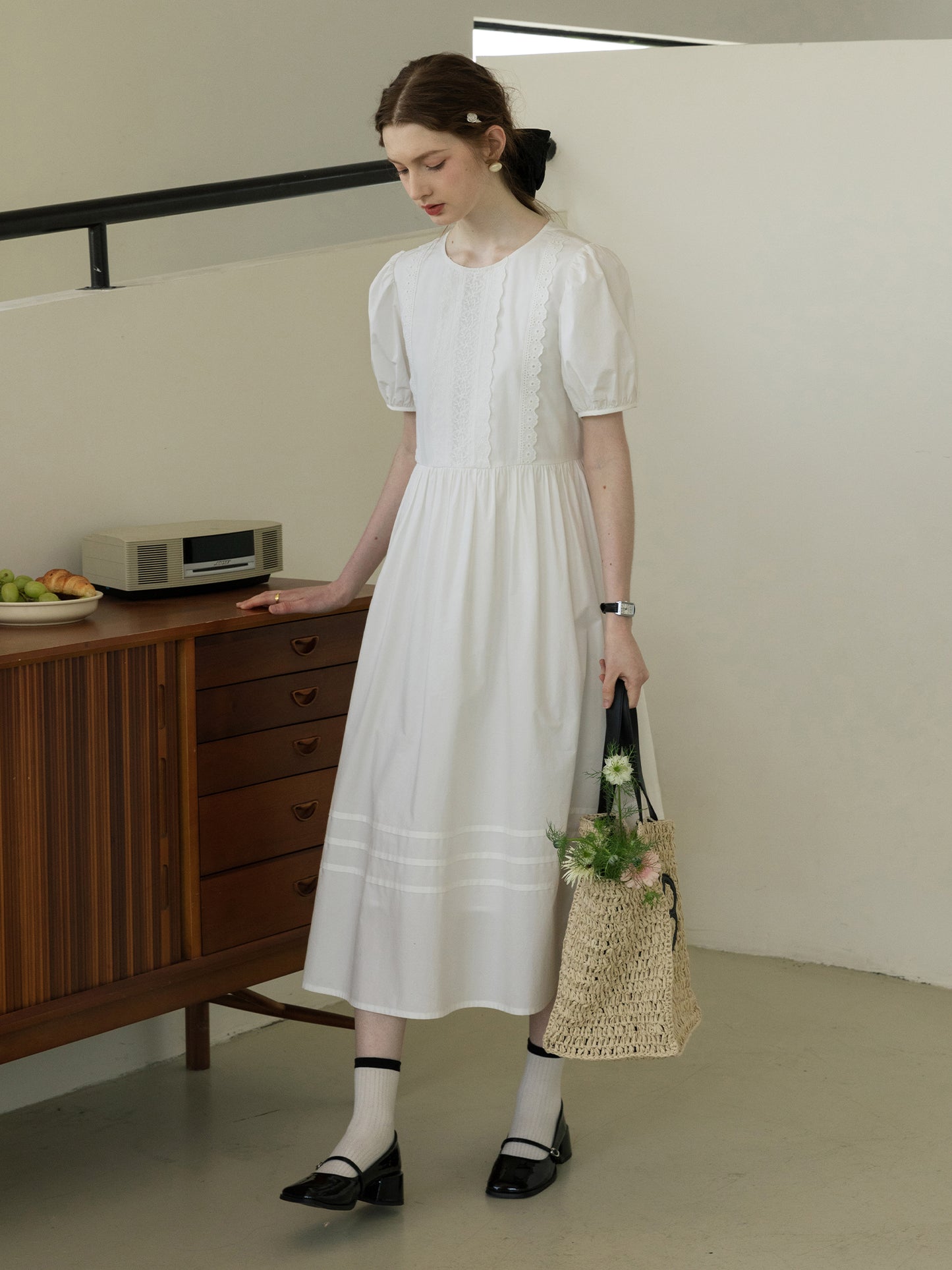 Puff-Sleeve Dress With Scalloped Lace Placket