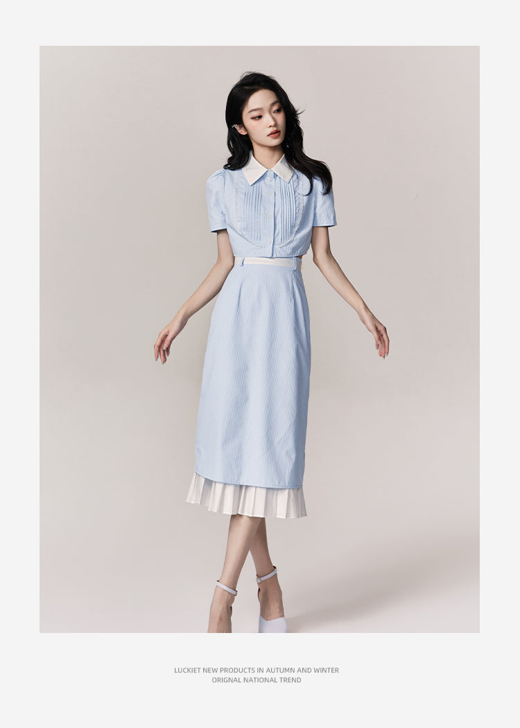 Cropped Two-Tone Pintuck Blouse & Midi Skirt