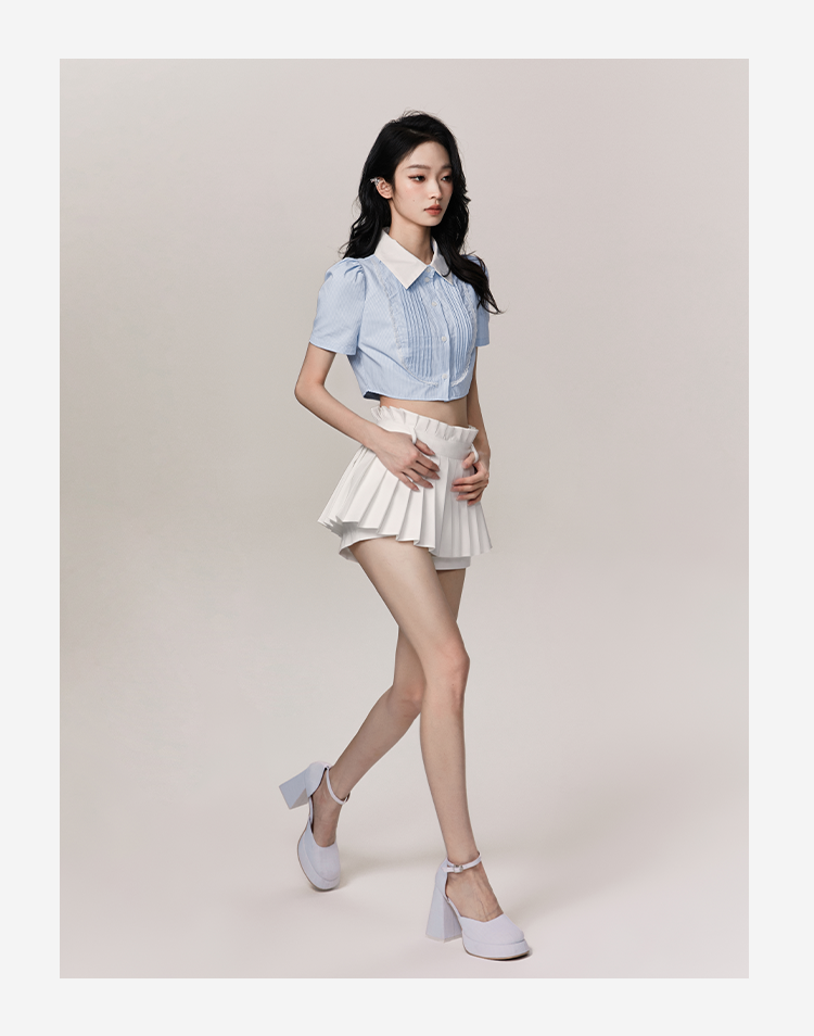 Cropped Two-Tone Pintuck Blouse & Midi Skirt
