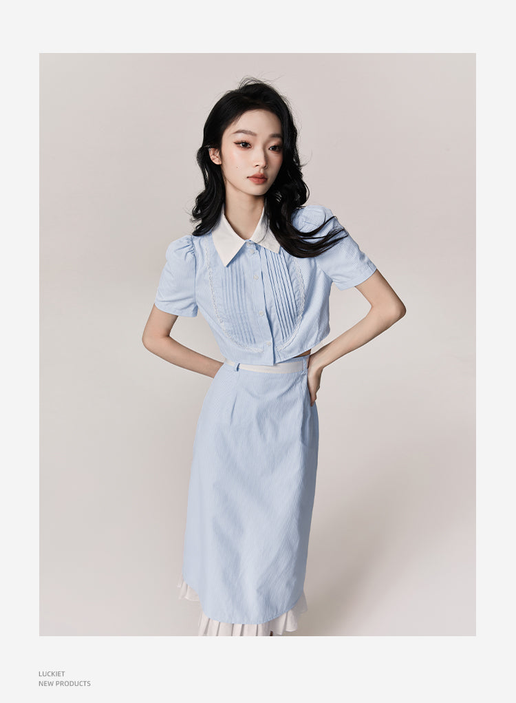 Cropped Two-Tone Pintuck Blouse & Midi Skirt