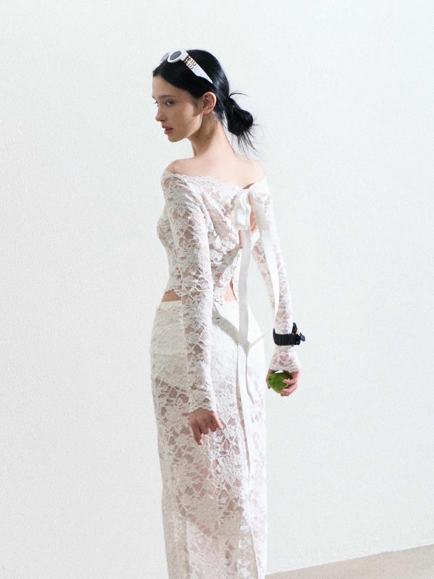Sheer Lace Ribbon-Tie Top And Matching Skirt