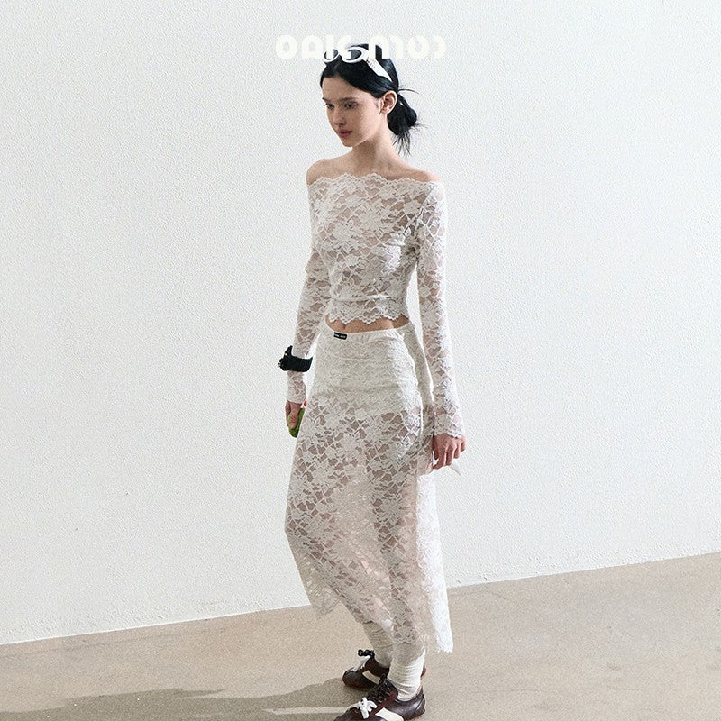 Sheer Lace Ribbon-Tie Top And Matching Skirt