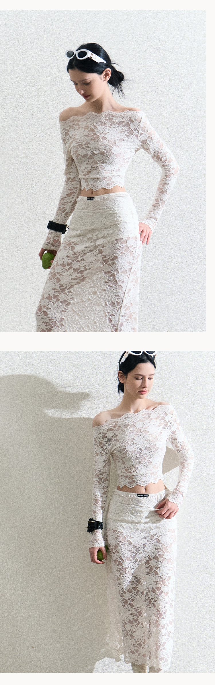 Sheer Lace Ribbon-Tie Top And Matching Skirt
