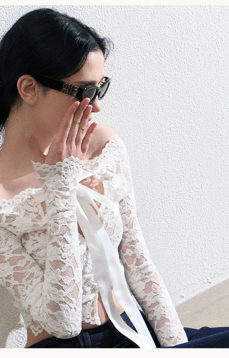 Sheer Lace Ribbon-Tie Top And Matching Skirt