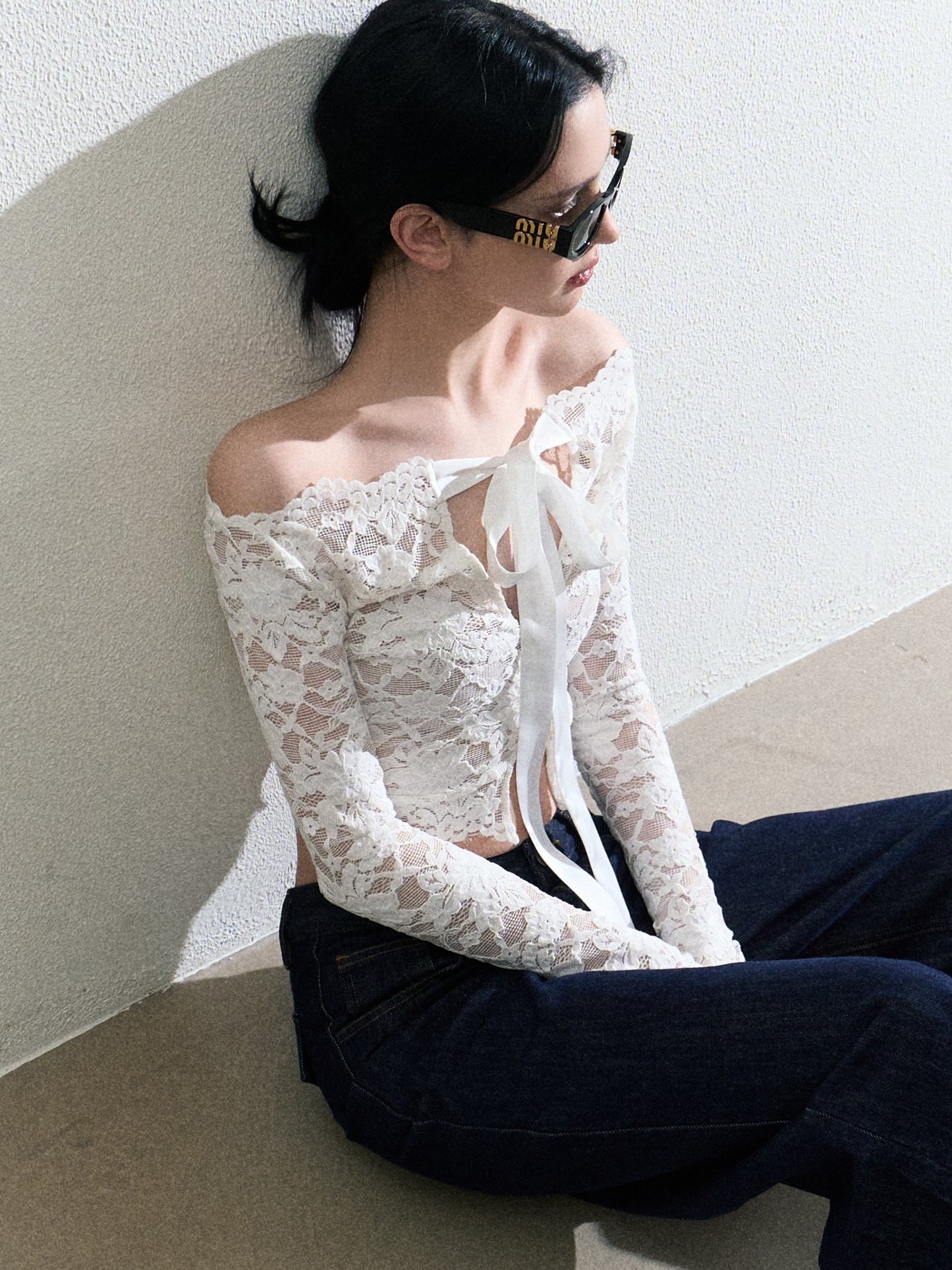 Sheer Lace Ribbon-Tie Top And Matching Skirt