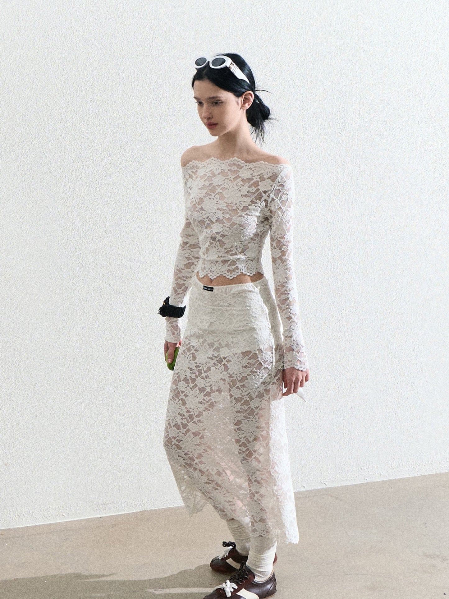 Sheer Lace Ribbon-Tie Top And Matching Skirt