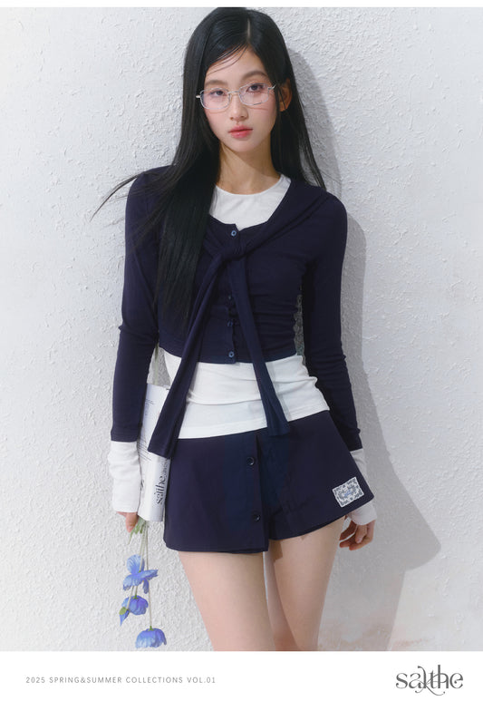 Contrast Cuffed Tie-Neck Button-Up Top And T-Shirt Set