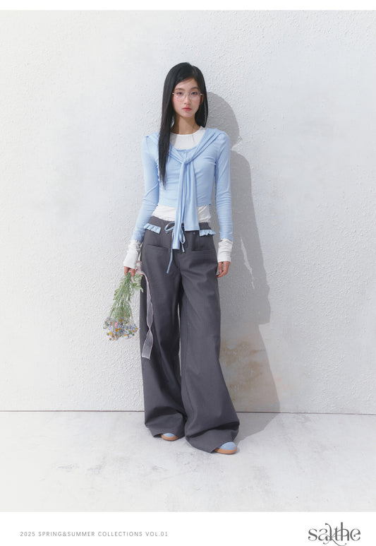 Contrast Cuffed Tie-Neck Button-Up Top And T-Shirt Set