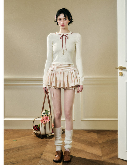 Contrast Bow Neck Pointelle Fitted Knit Top