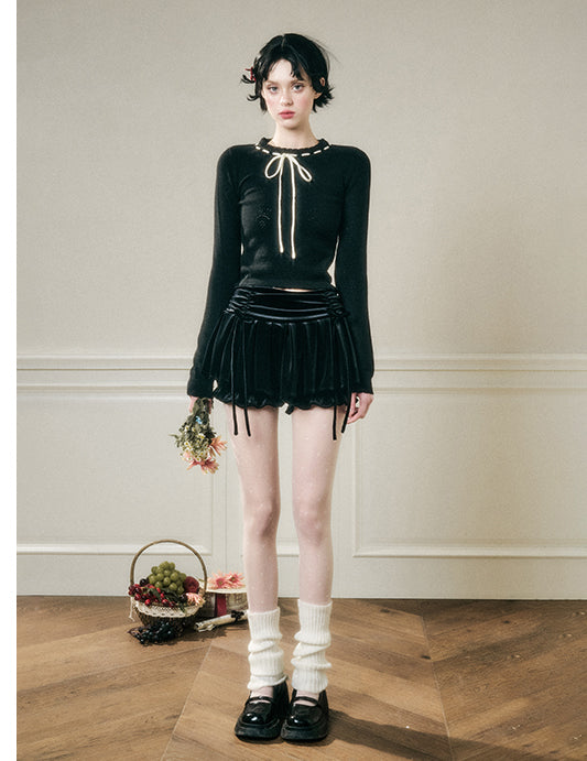 Contrast Bow Neck Pointelle Fitted Knit Top