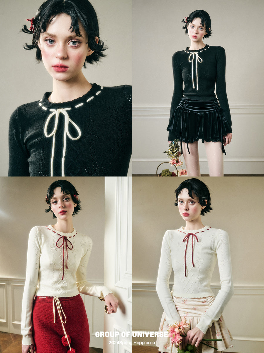 Contrast Bow Neck Pointelle Fitted Knit Top