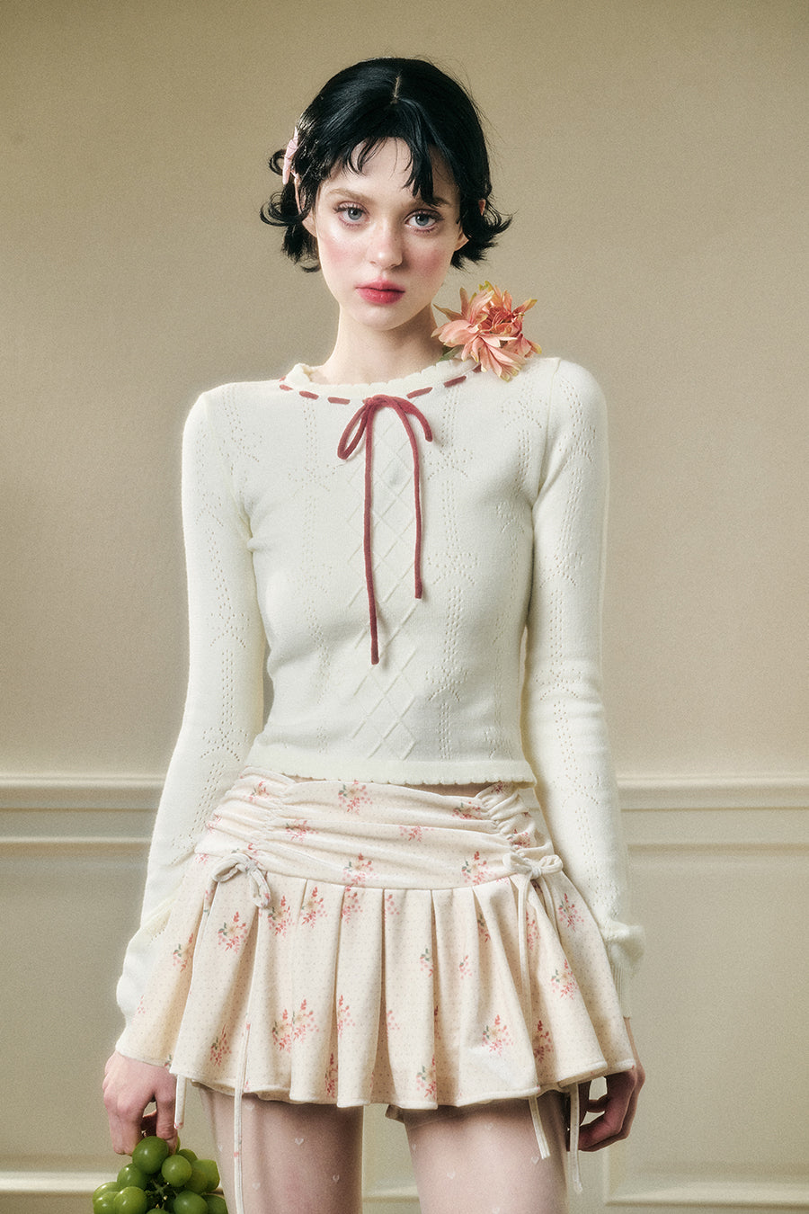 Contrast Bow Neck Pointelle Fitted Knit Top