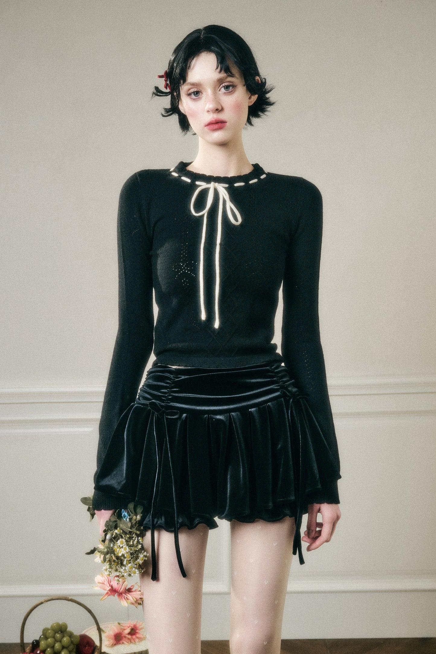 Contrast Bow Neck Pointelle Fitted Knit Top