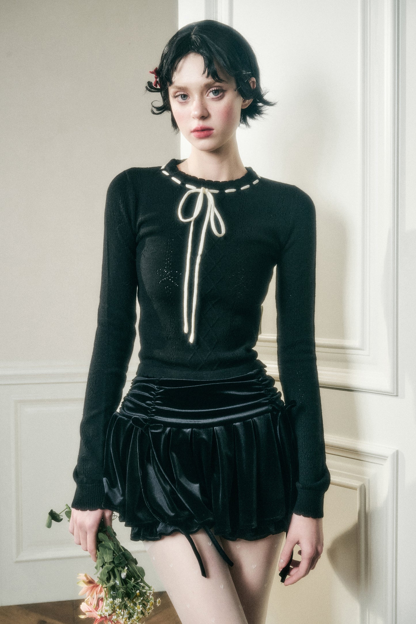 Contrast Bow Neck Pointelle Fitted Knit Top