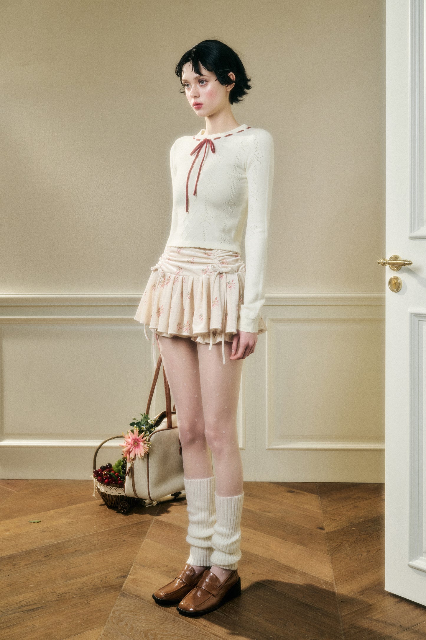Contrast Bow Neck Pointelle Fitted Knit Top