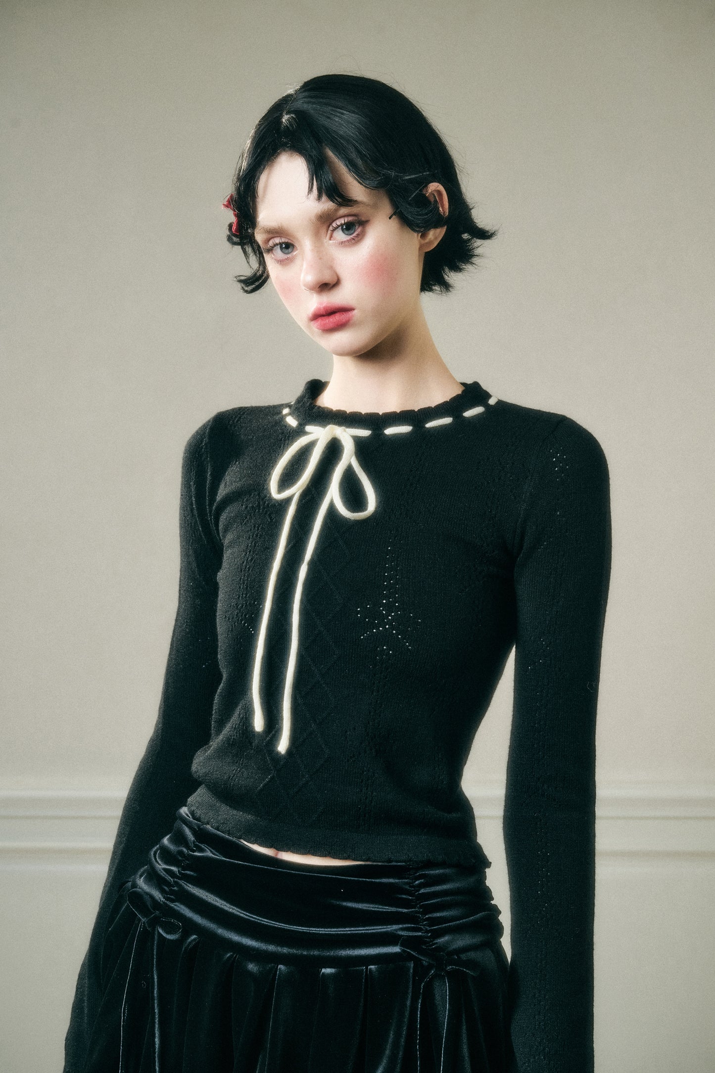 Contrast Bow Neck Pointelle Fitted Knit Top