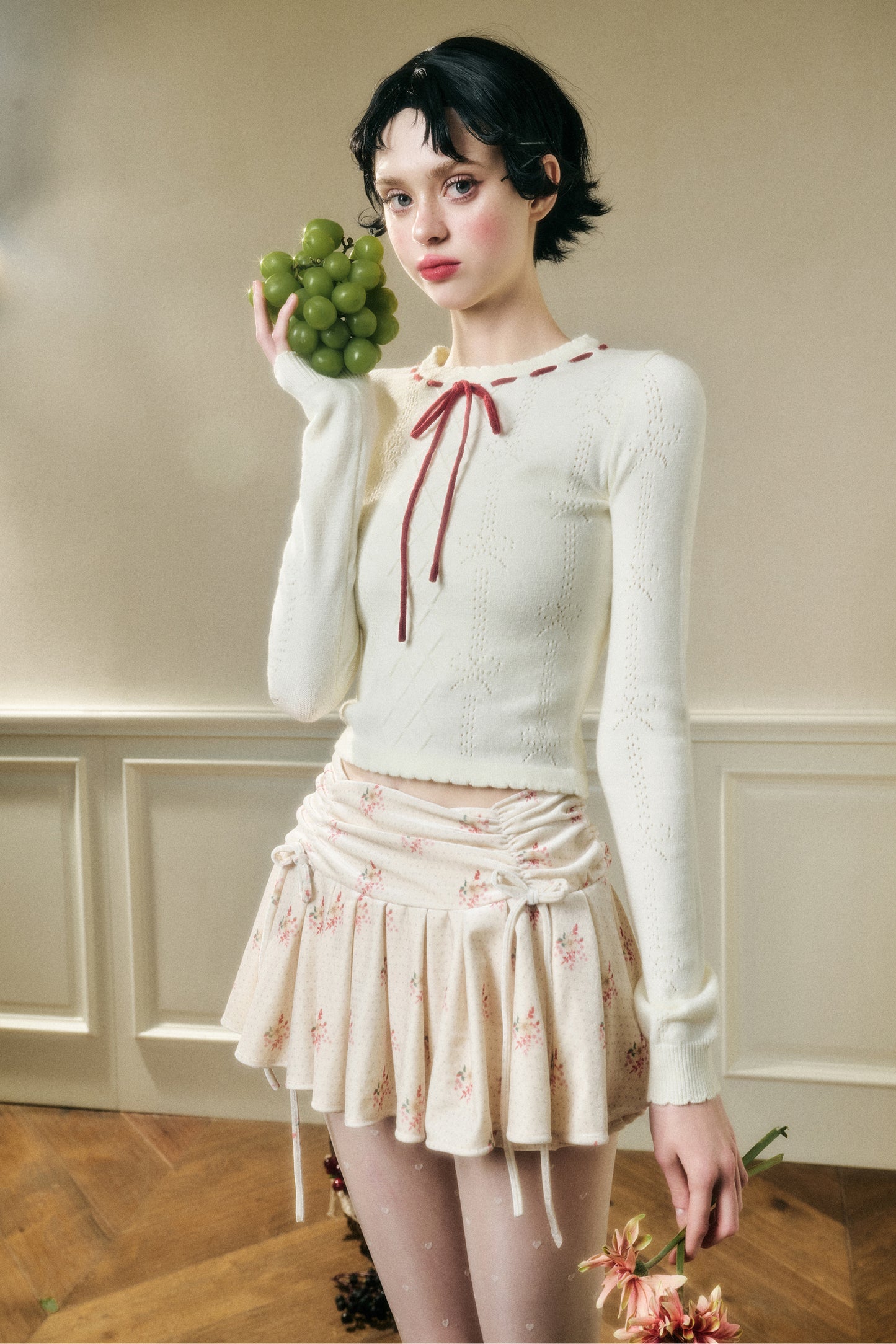 Contrast Bow Neck Pointelle Fitted Knit Top