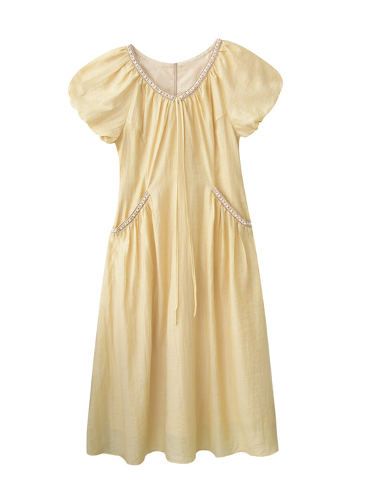 Bubble-Sleeve Gathered Dress With Beaded Detail