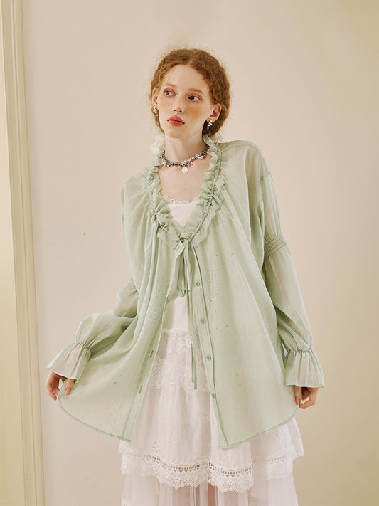 Smocked Sleeve Sparkling Butterfly Blouse