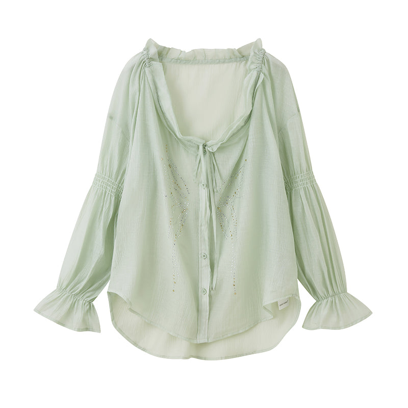Smocked Sleeve Sparkling Butterfly Blouse