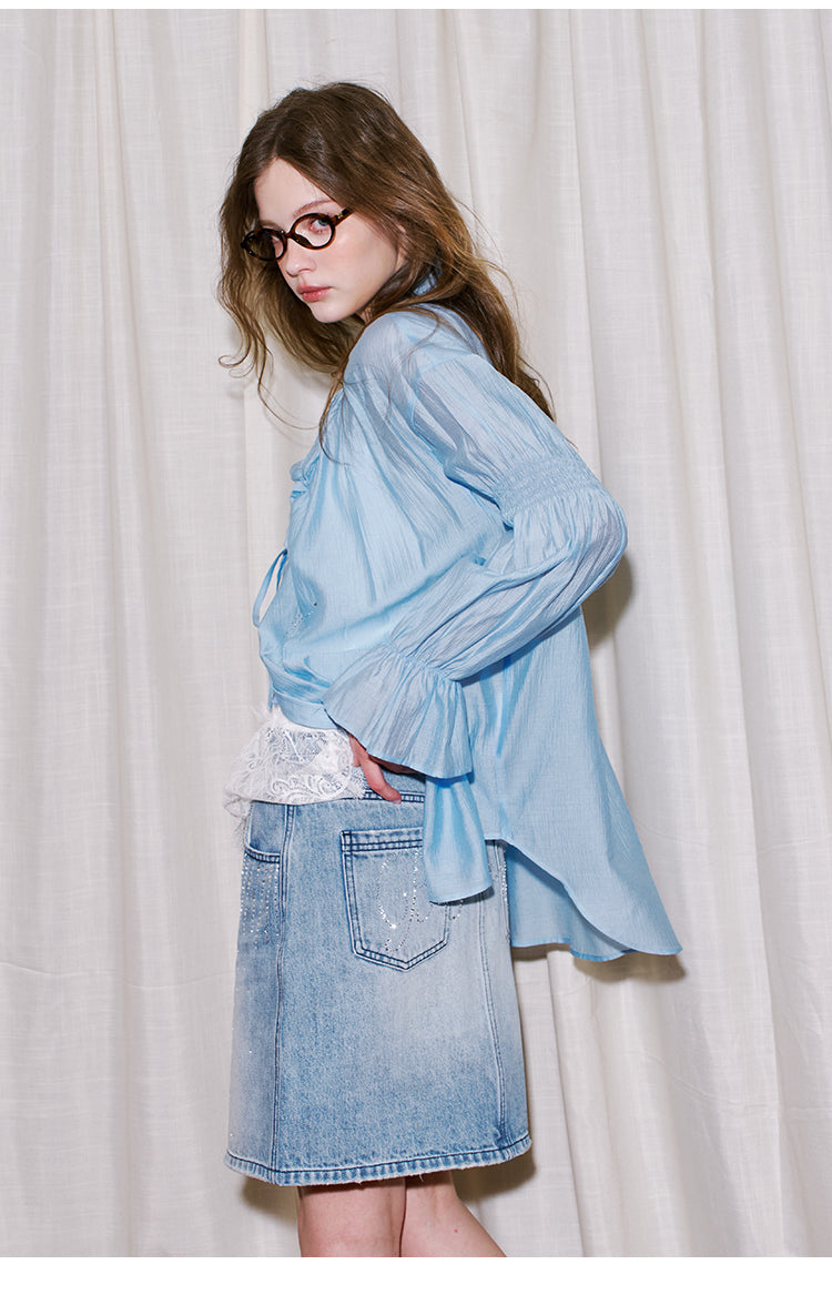 Smocked Sleeve Sparkling Butterfly Blouse