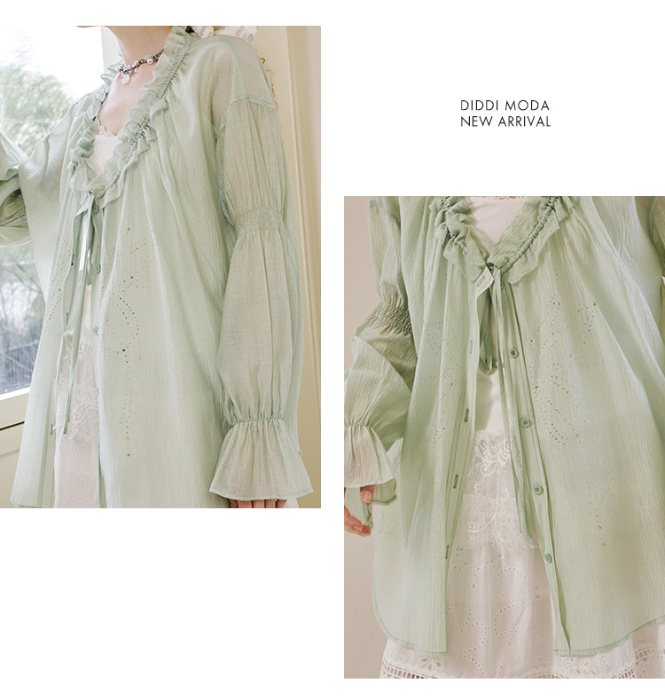 Smocked Sleeve Sparkling Butterfly Blouse
