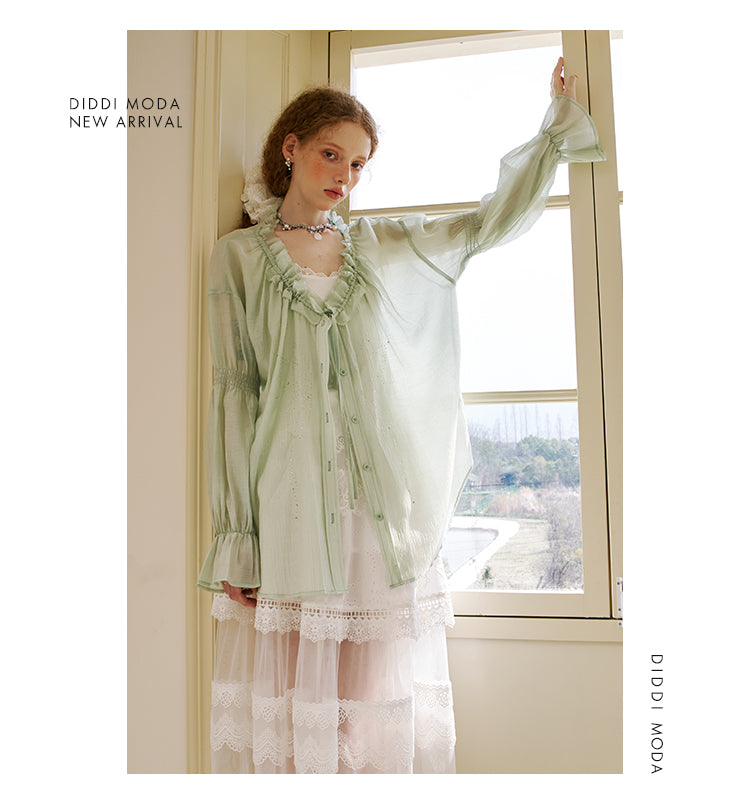 Smocked Sleeve Sparkling Butterfly Blouse