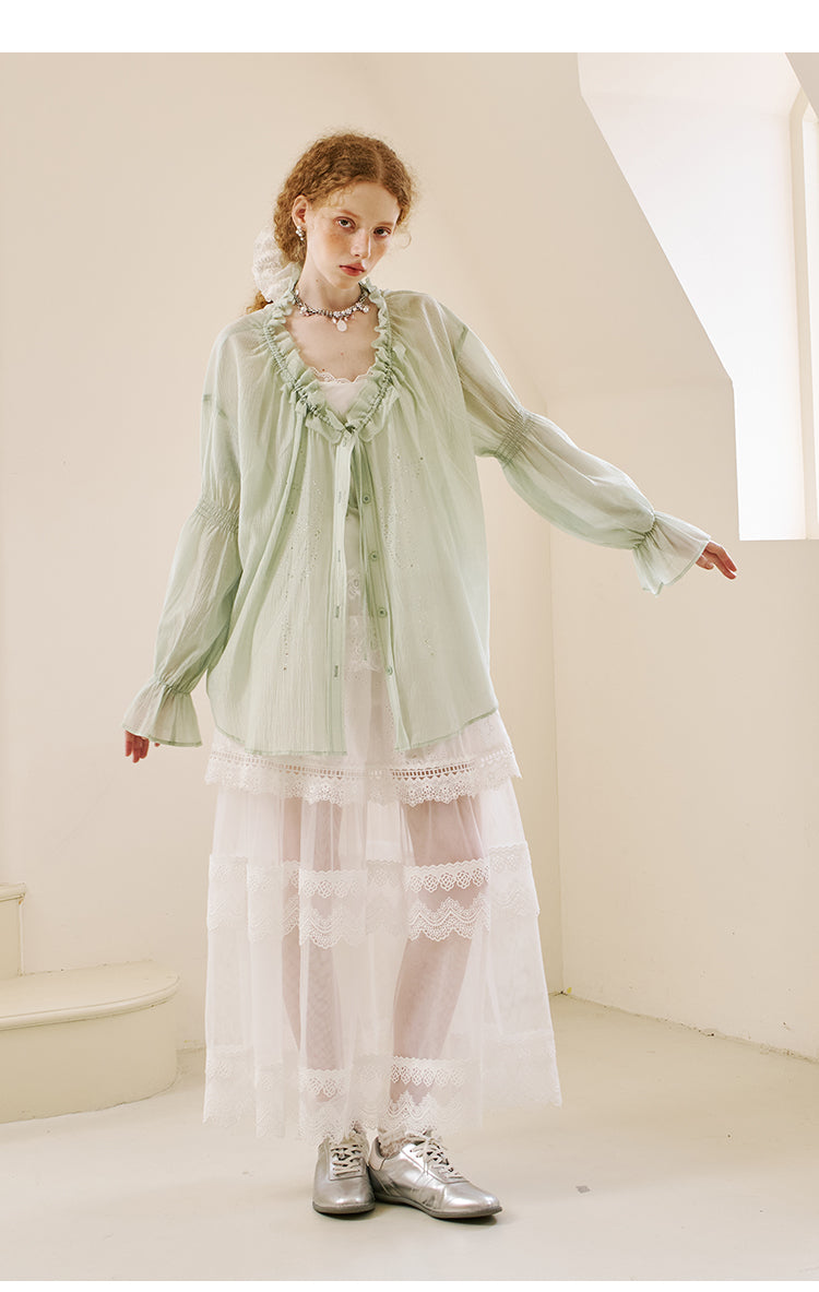 Smocked Sleeve Sparkling Butterfly Blouse