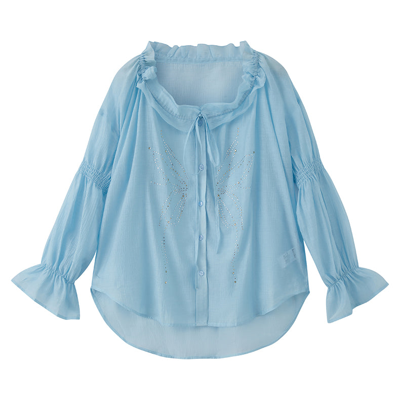 Smocked Sleeve Sparkling Butterfly Blouse