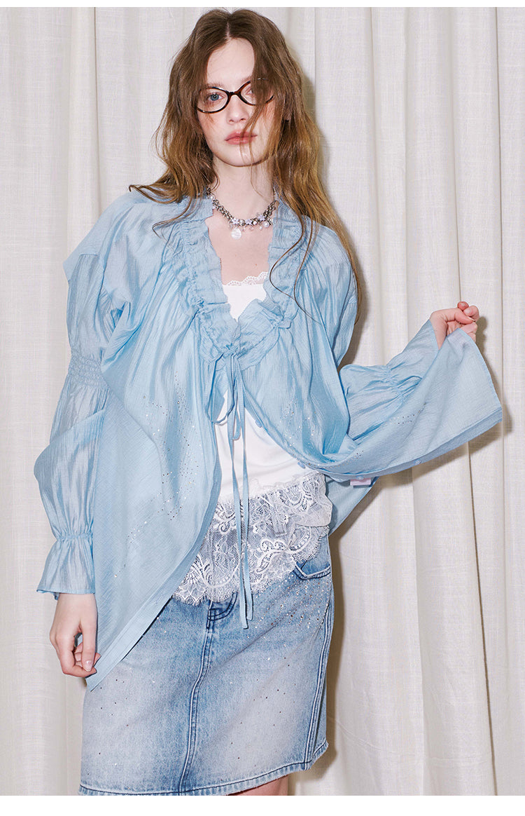 Smocked Sleeve Sparkling Butterfly Blouse