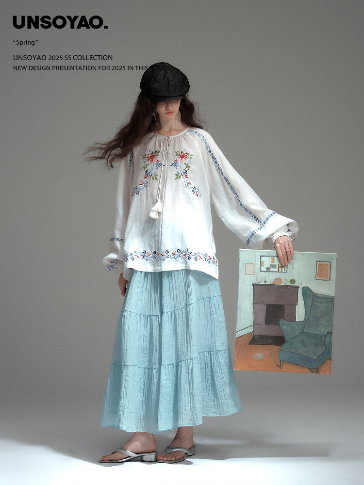 Boho Floral Embroidered Peasant Blouse With Tassel Tie