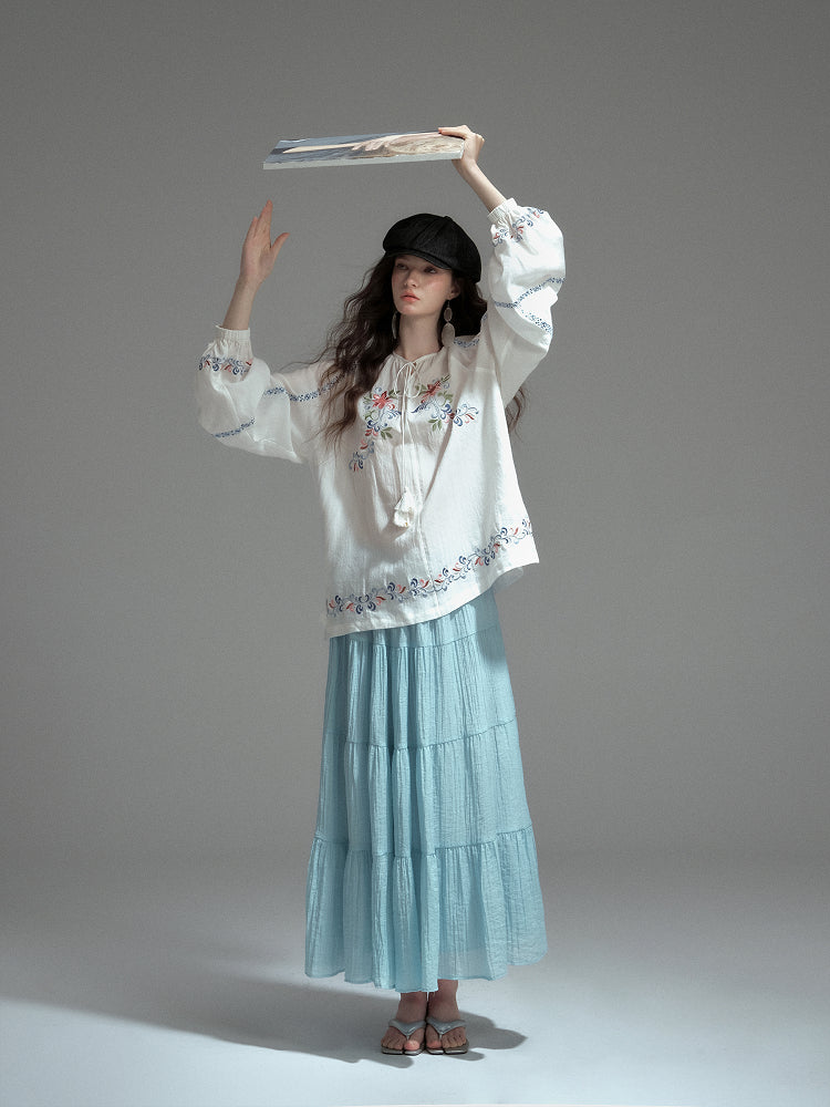 Boho Floral Embroidered Peasant Blouse With Tassel Tie
