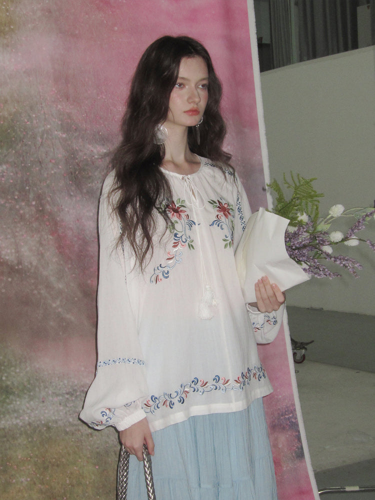Boho Floral Embroidered Peasant Blouse With Tassel Tie