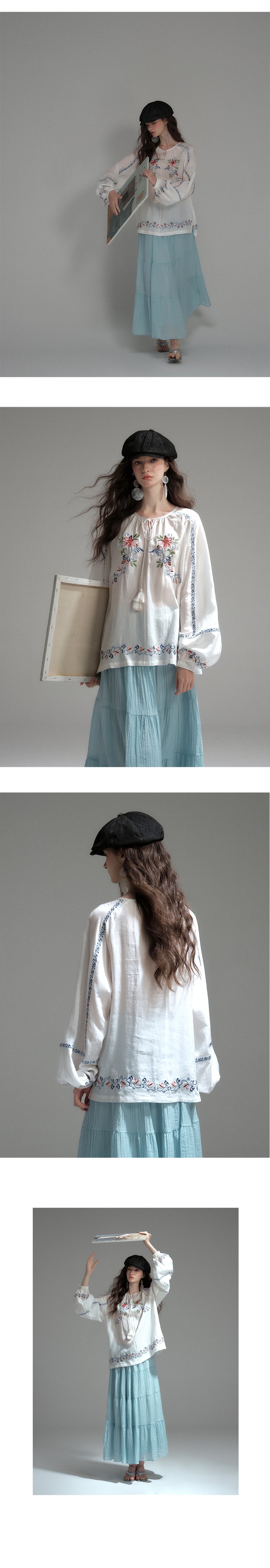 Boho Floral Embroidered Peasant Blouse With Tassel Tie