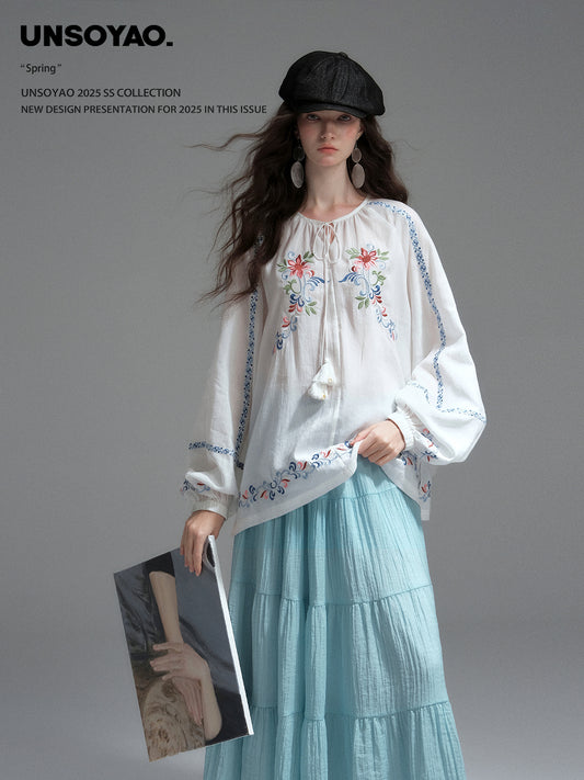Boho Floral Embroidered Peasant Blouse With Tassel Tie